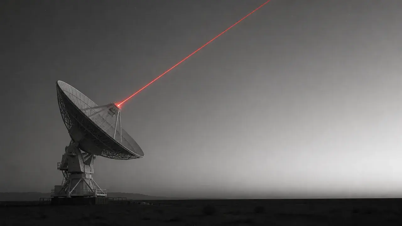 Radio telescope dishes silhouetted against a sunset sky with "WRONG?" text and arrow overlay